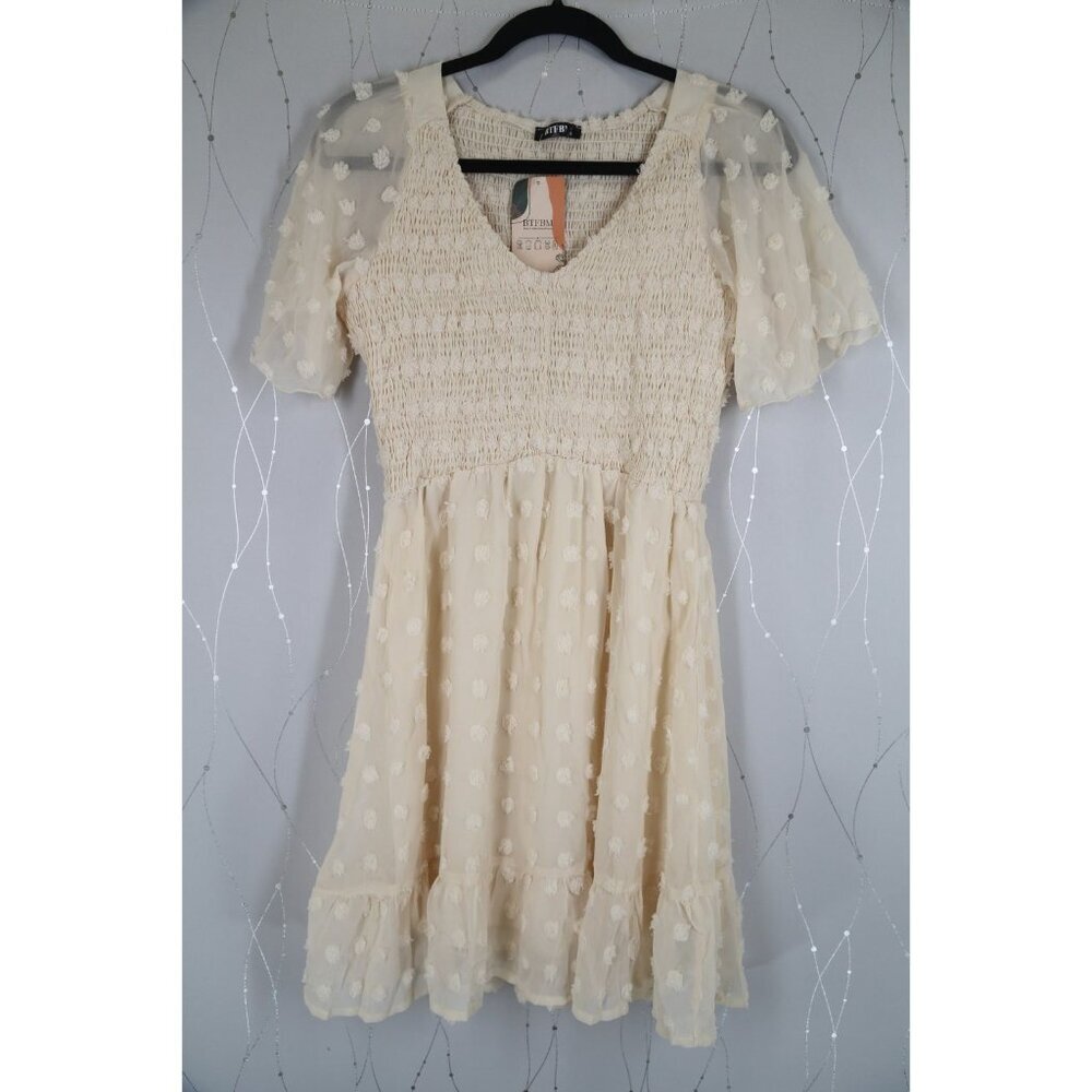 NWT BTBFM Ivory Smocked Short Sleeve Bohemian Summer Dress - Picture 5 of 10